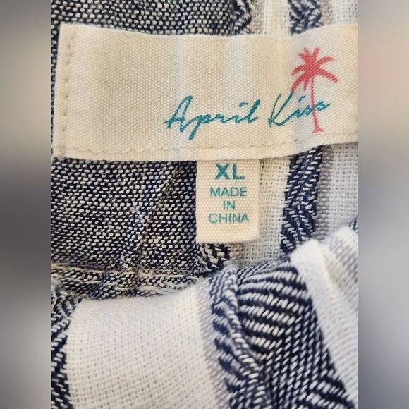 NWT April Kiss XL Striped White Gray Pockets LINEN Blend Wide Legs Women’s Pants - Picture 2 of 10